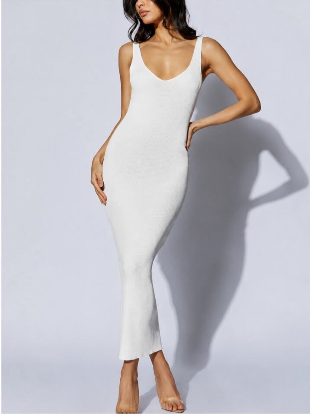 Meshki Jodie V-Neck Ribbed Bodycon Stretch White Maxi Dress
